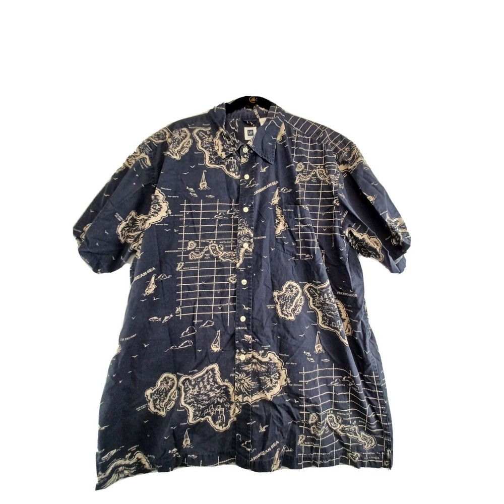 GAP FACTORY Shirt Mens  XXL Blue Short Sleeve CARIBBEAN THEMED NAUTICAL.